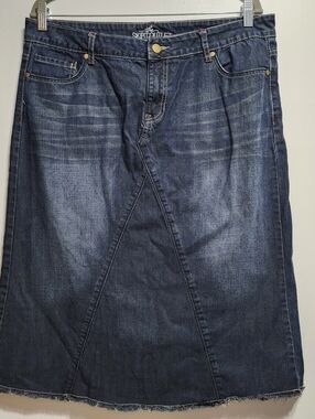 The Skirt Outlet Inherit Midi Denim Skirt Wren Dark Wash Cotton Linen Modest 12